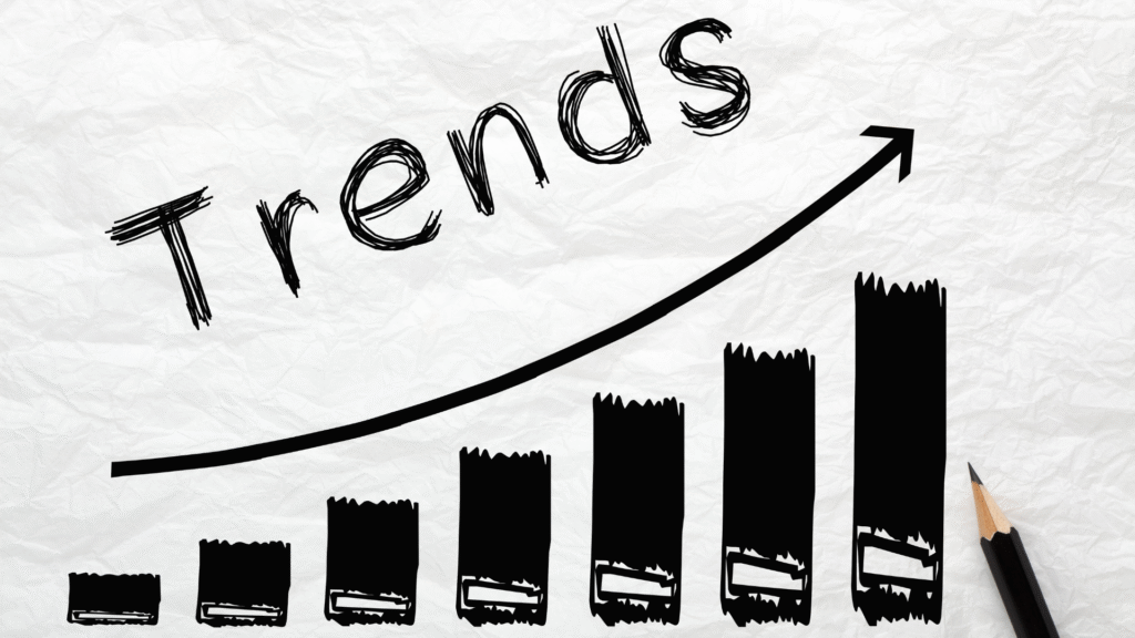 Trends graph with rising bars and arrow.