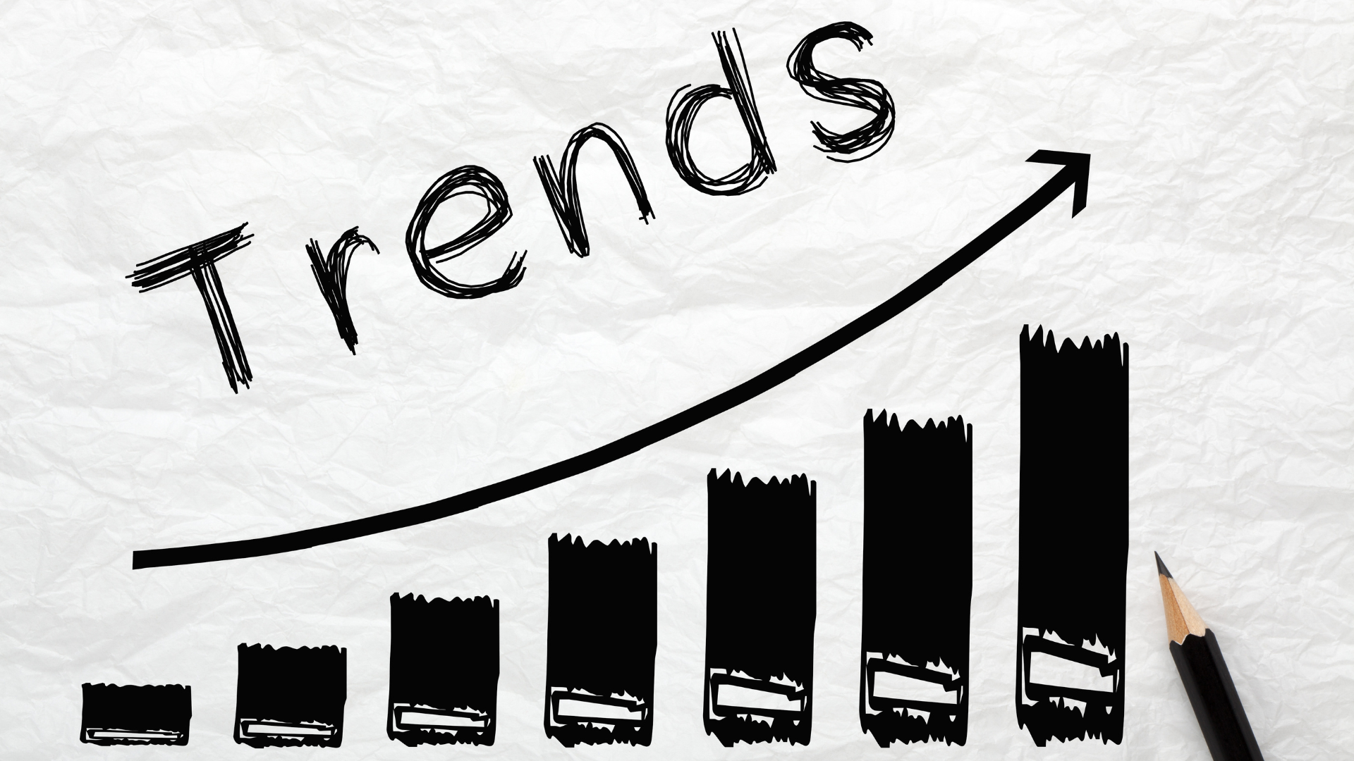 Trends graph with rising bars and arrow.